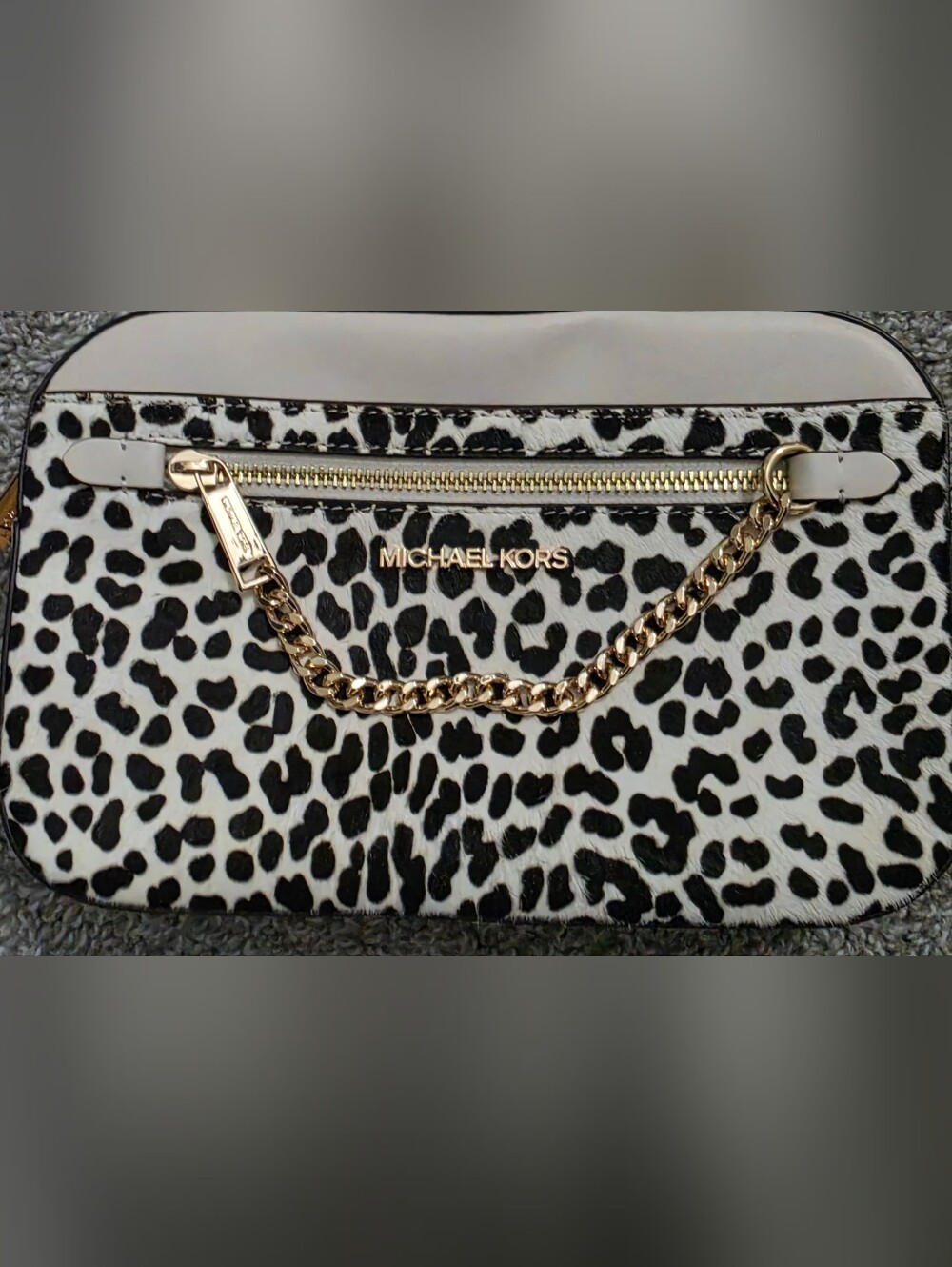 Michael Kors Black and White Leopard-Print Crossbody with Gold Chain